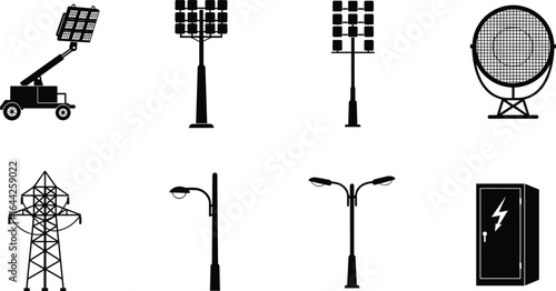 PrintIndustrial floodlights, stadium lighting towers, spotlights, electric power tower, street lamps, electrical cabinet, outdoor lighting equipment