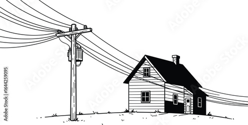 House with power lines, rural electricity, utility pole transformer, energy supply infrastructure, black and white vector, suburban grid