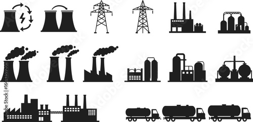 Industrial factory icons set, power plant vector collection, energy production symbols, oil refinery, nuclear plant, energy truck, black silhouette illustration