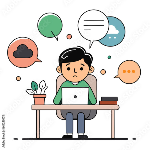 Bored Person Yawning with Floating Speech Bubbles Vector Illustration Isolated