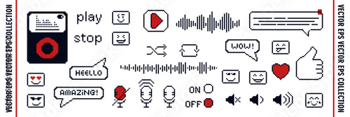 Set of pixel music art icons with sticker emojis and Y2K elements. Podcast sound elements for retro 8bit design, microphone headphone bundle.