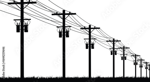 PrintUtility pole silhouette, power line vector, electrical infrastructure clipart, transformer and insulator illustration, black energy distribution design, rural grid system art
