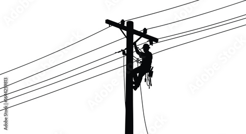PrintUtility worker silhouette, lineman climbing power pole, electrical maintenance vector, high voltage repair clipart, black safety gear illustration, infrastructure design