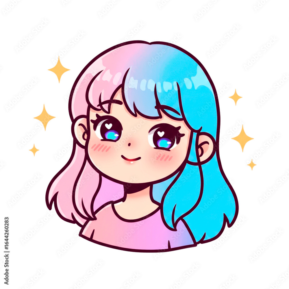 Cartoon girl with with rosy cheeks and blue hair smiling happily, isolated on a transparent background Cartoon girl with with rosy cheeks and blue hair smiling happily, isolated on a transparent background