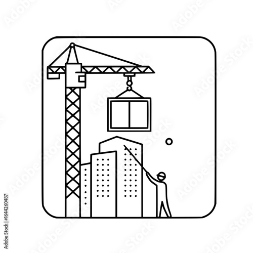 Construction worker operating crane with building in urban setting - replace window vector 