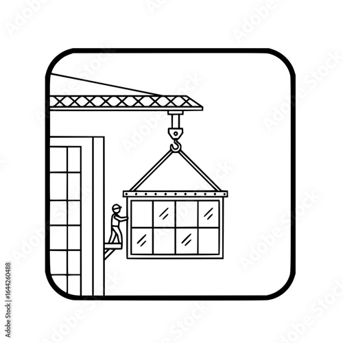 Construction worker installing window with crane in urban setting - replace window vector 