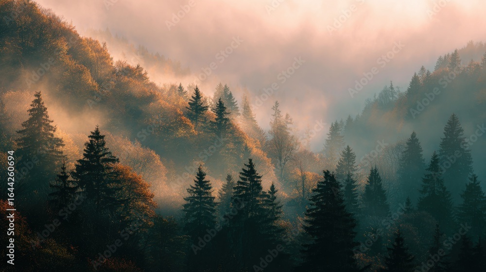 Obraz premium Misty forest with layered fog and soft warm sunrise light.