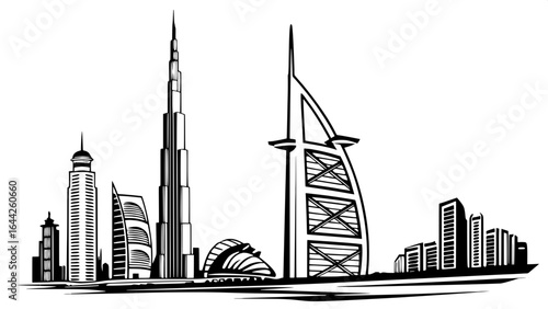 "Clean black and white skyline illustration of Dubai, with modern skyscrapers rendered in abstract block and line forms, viewed from afar."