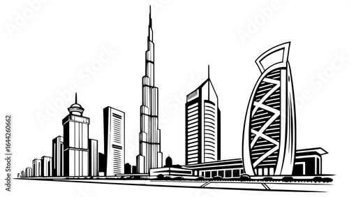 "Clean black and white skyline illustration of Dubai, with modern skyscrapers rendered in abstract block and line forms, viewed from afar."