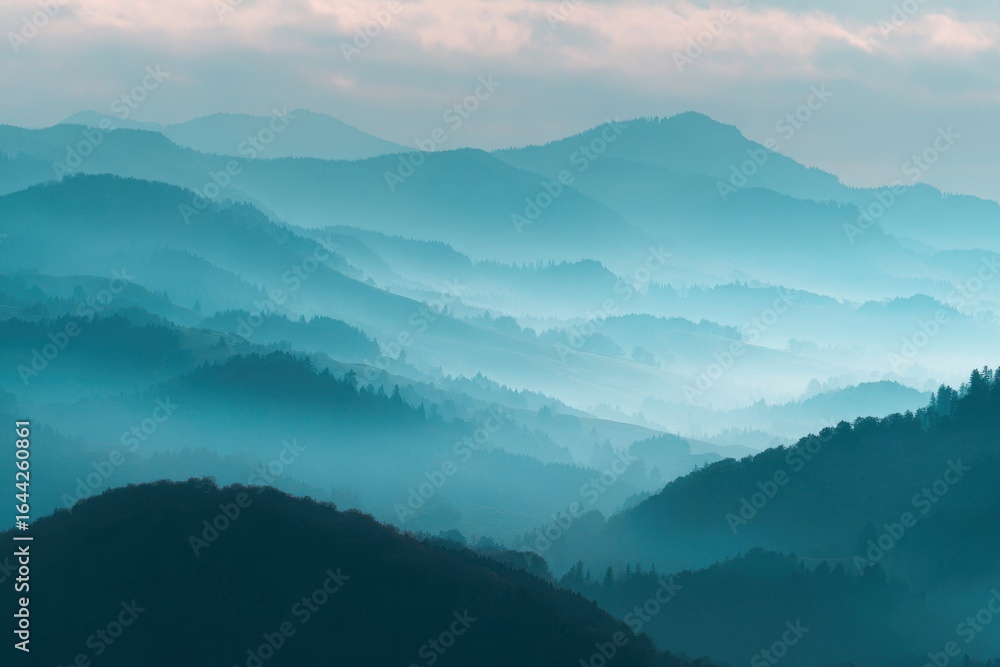Fototapeta premium Misty mountain landscape at dawn with layered atmospheric depth.