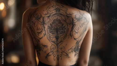 Woman's back with elaborate tattoo