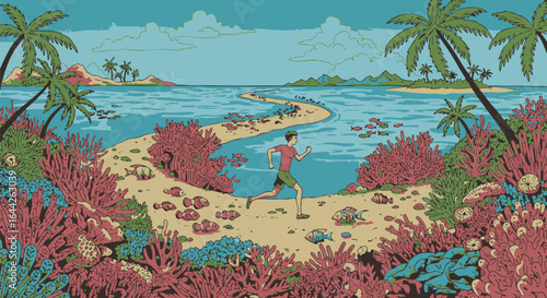 Surreal illustration of a man running on a scenic path through a vibrant coral reef in a tropical paradise.