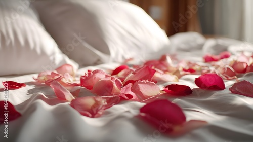Fototapeta Naklejka Na Ścianę i Meble -  Romantic bed adorned with delicate pink and red rose petals on crisp white linens