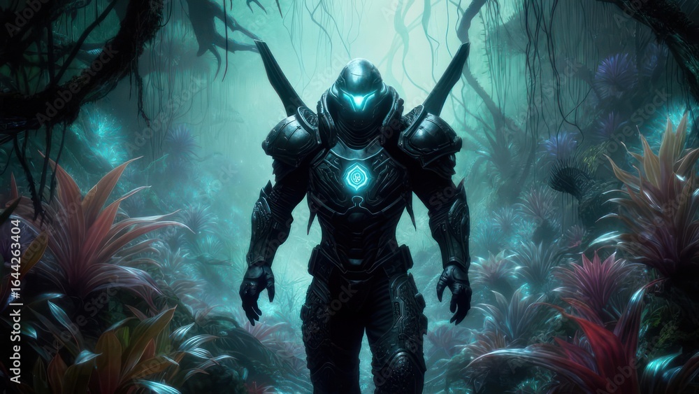 Fototapeta premium Futuristic warrior in a mystical forest