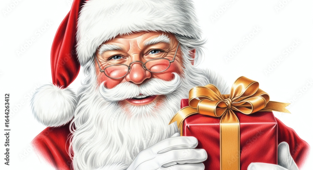 Naklejka premium Santa Claus happily holding a wrapped gift, perfect for Christmas or holiday greetings.