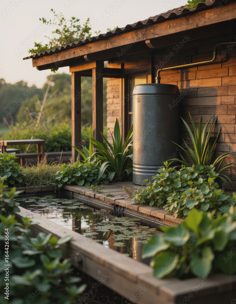 Fototapeta premium Rainwater harvesting system enhancing sustainable accommodation design