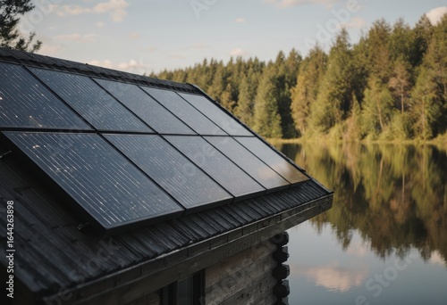 Off-grid cabin with solar panels, showcasing renewable energy sources