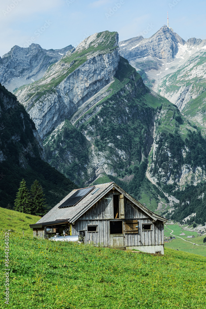 Traditional Swiss alpine house with solar panels on the roof, located on a grassy hillside with dramatic rocky mountain peaks in the background, captured on a clear summer day. Traditional Swiss alpine house with solar panels on the roof, located on a grassy hillside with dramatic rocky mountain peaks in the background, captured on a clear summer day.