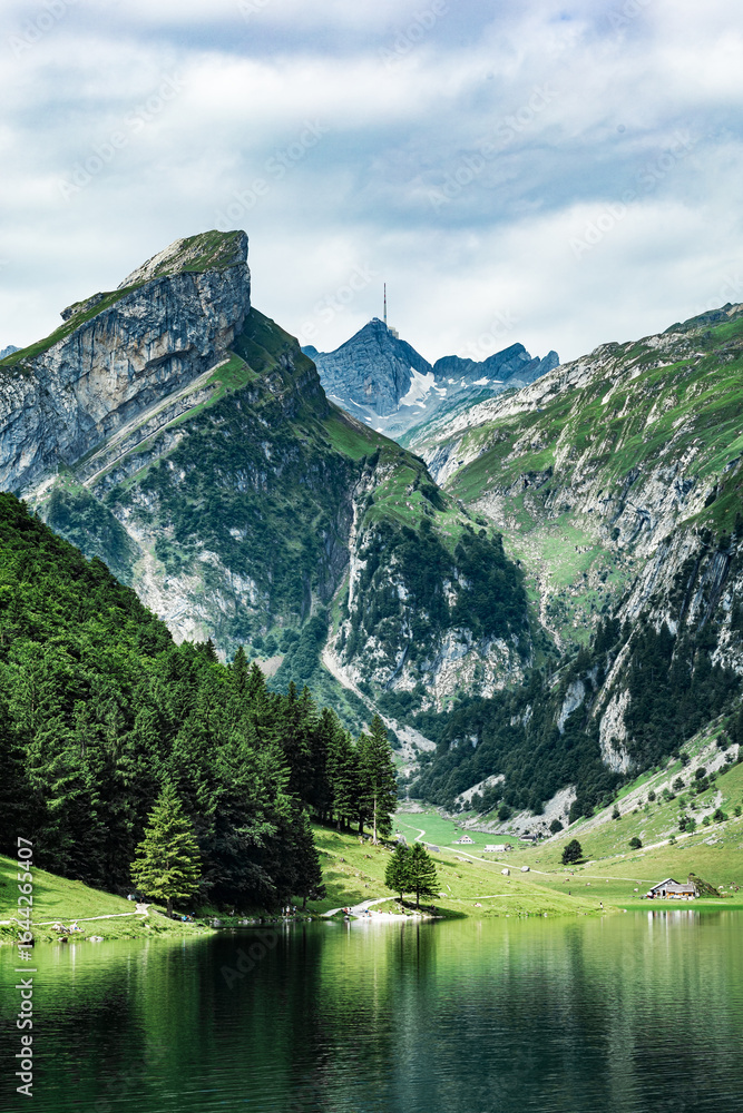 Obraz premium Breathtaking view of towering alpine peaks with dramatic rock formations and lush green slopes, captured in the Swiss Alps during summer.