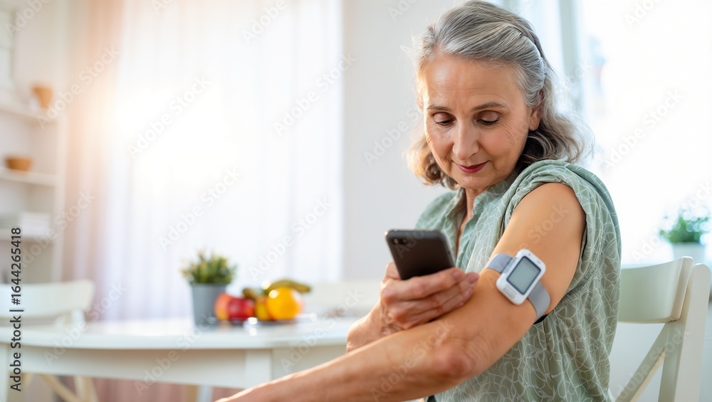 An older adult sits at a sunlit kitchen table using a smartphone while wearing a health-monitoring device on their arm—highlighting themes of digital healthcare, independence, and aging An older adult sits at a sunlit kitchen table using a smartphone while wearing a health-monitoring device on their arm—highlighting themes of digital healthcare, independence, and aging