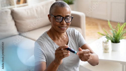 Wallpaper Mural A person prepares to check their blood sugar using a glucose meter and test strip, seated in a cozy living room—highlighting themes of personal health management and diabetes care. Torontodigital.ca
