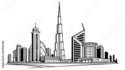 "Abstract architectural line drawing of Dubai’s skyline in monochrome, with bold geometric shapes and varying building heights, filling the width of the composition."