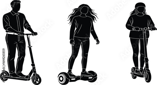 Urban commuters on electric scooters, hoverboards, modern transport, eco-friendly mobility, city travel, sustainable commuting, green city lifestyle, personal vehicles