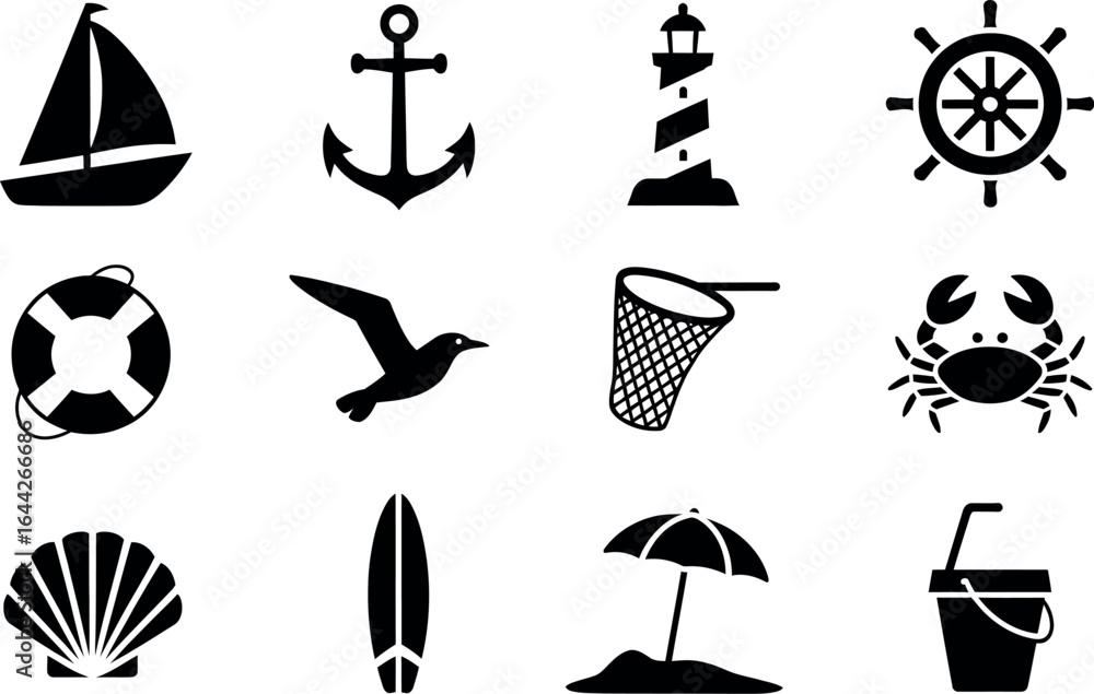 Naklejka premium Vector nautical icons: summer beach vacation symbols set