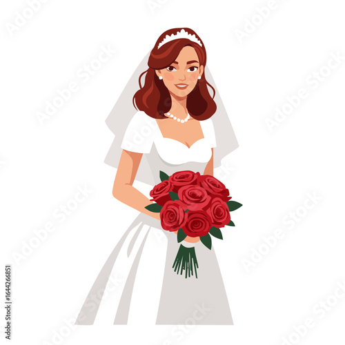 Vector illustration of bride with red roses on white background, romantic wedding