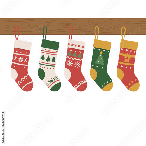 Vector illustration of holiday socks on mantel on white background, christmas tradition