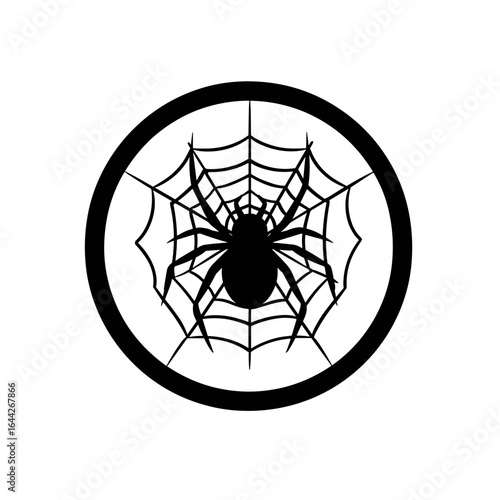 Spider icon on web enclosed in a bold circular frame, flat silhouette style.
