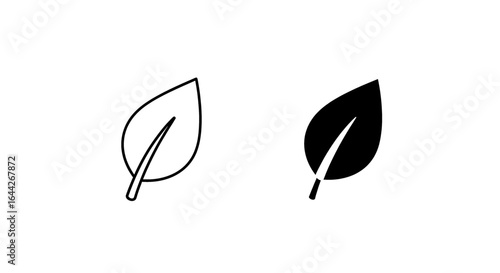 Simple Vector Icons of a Leaf in Outline and Solid Black Style, Representing Nature and Growth