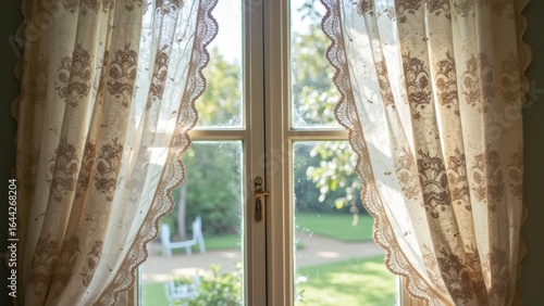 Sunlit garden view through vintage lace curtains on a bright day