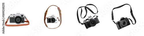 Set of Professional and vintage cameras with neck straps for photography isolated on transparent background
