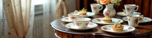 Wallpaper Mural Elegant vintage tea set on wooden table with floral china and pastries in classic room Torontodigital.ca