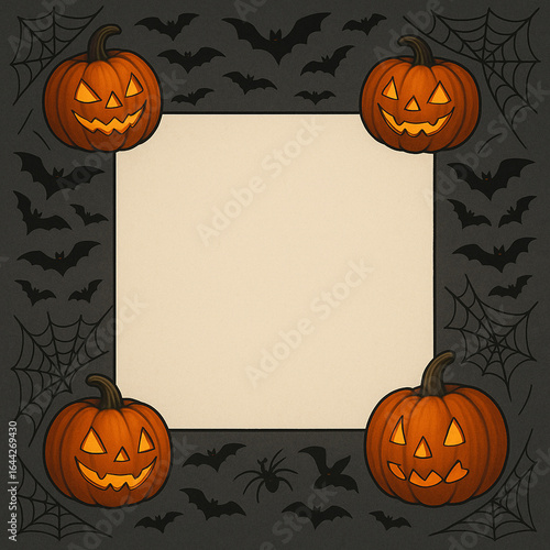 Halloween-themed frame featuring three jack o lanterns, two burning candles, and a spooky haunted castle silhouette. dark gray background is decorated with a pattern of flying bats