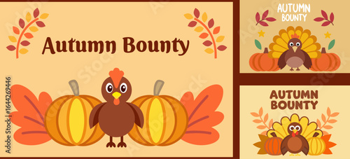 Autumn Bounty Badges with Pumpkins, Turkeys, and Seasonal Leaves for Thanksgiving Celebration Graphics and Harvest-Themed Seasonal Design Elements