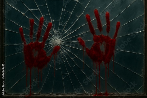 Eerie Bloody Handprints on Shattered Glass A Haunting Visual of Violence and Despair with an Undercurrent of Mystery and Unease