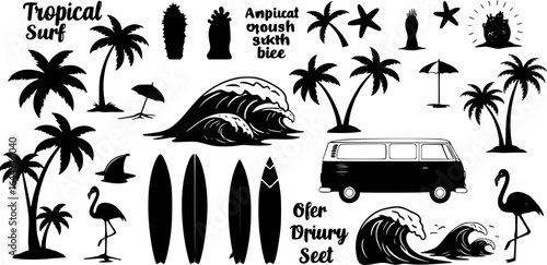 A tropical beach and surf-themed vector set with palm trees, waves, surfboards, a van, flamingos, and ocean elements in a bold black silhouette style. Perfect for t-shirt designs, and branding.