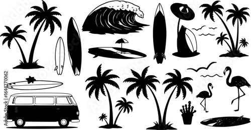 A tropical beach and surf-themed vector set with palm trees, waves, surfboards, a van, flamingos, and ocean elements in a bold black silhouette style. Perfect for t-shirt designs, and branding.