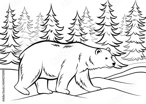 Bear walking in forest illustration with trees for coloring page  