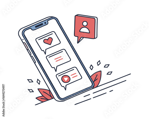 Smartphone displaying love hearts and messages in a modern flat design illustration