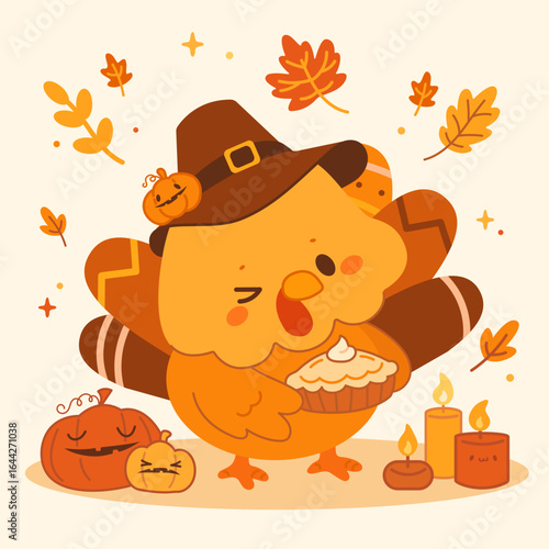 Cute kawaii vector turkey illustration for Thanksgiving