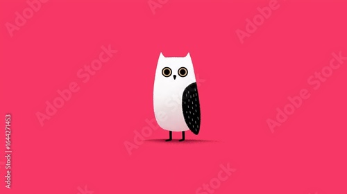 Whimsical white owl with black markings stands confidently against a vibrant pink background, embodying charm and creativity in a playful artistic expression
