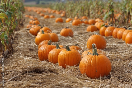 Vibrant Field of Pumpkins: A Bountiful Harvest of Orange Vegetables Amidst a Straw-Packed Patch