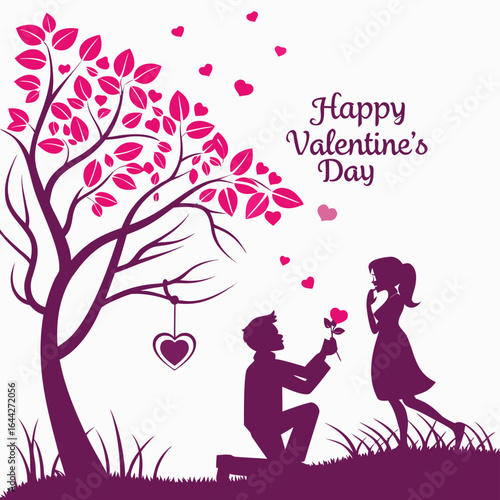 Man proposing to woman with rose under pink leaf tree on Valentines Day valentine day love
