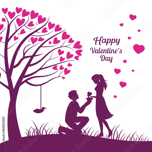 Silhouette couple proposal under heart tree with falling hearts and text Happy Valentines Day valentine day