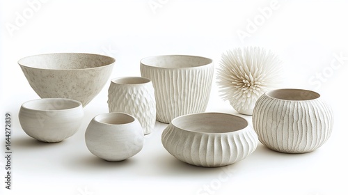 Collection of textured, white ceramic vessels