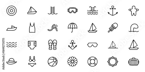 Ocean Activities & Water Sports Icon Bundle – Minimalist Line Art Surfboard, Scuba Gear, Kayak, Paddleboard, Lifeguard Tower, Beach Essentials, and Marine Recreation – Coastal & Nautical Vector Icons 