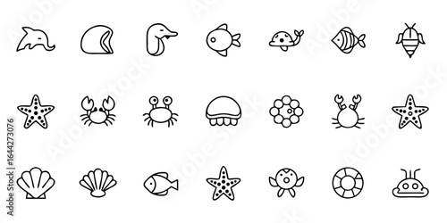 Marine Life Icon Bundle – Minimalist Line Art Dolphins, Whales, Turtles, Starfish, Crabs, Octopus, Coral, and Diverse Sea Creatures – Ocean Conservation & Nautical Vector Icons